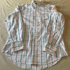 Wrangler 20X Competition Men's White and Blue striped Plaid long sleeved Shirt